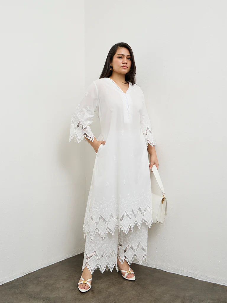 Diza White Embroidered A-Line Cotton Kurta