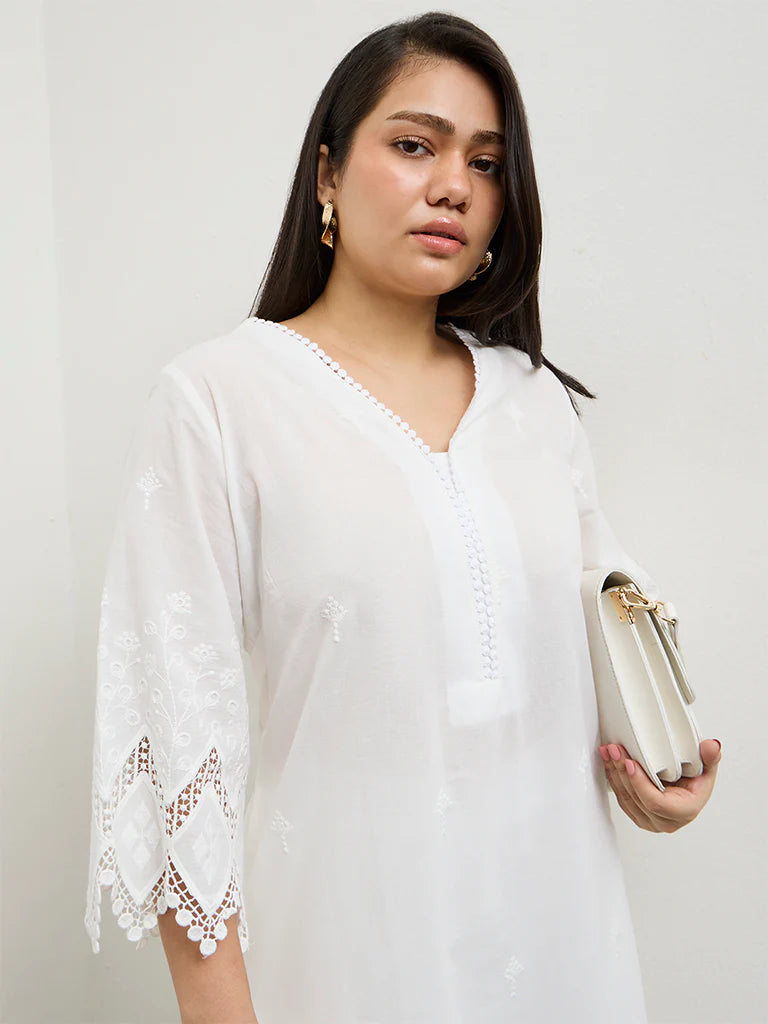 Diza White Embroidered A-Line Cotton Kurta