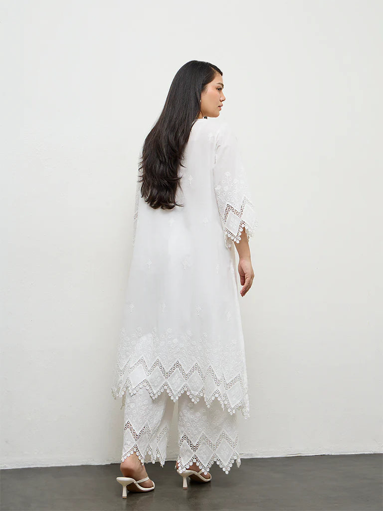Diza White Embroidered A-Line Cotton Kurta