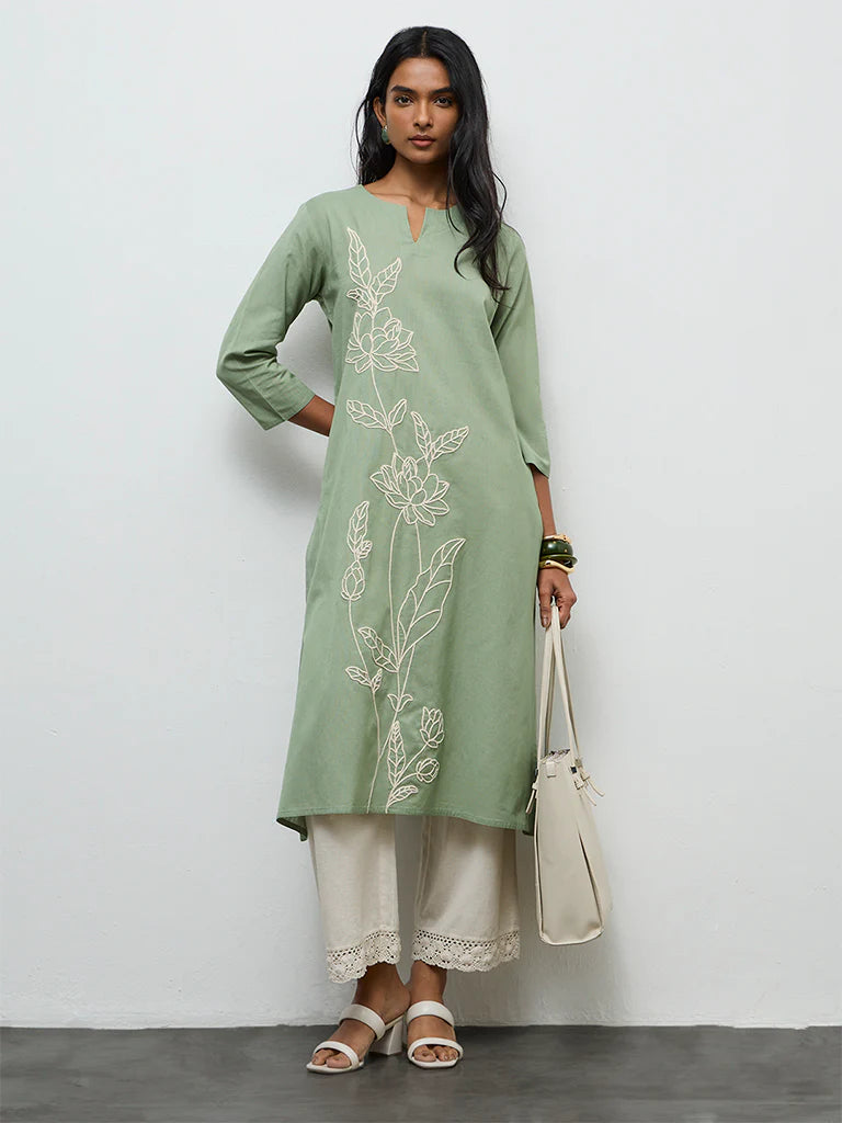 Utsa Sage Floral Embroidered Cotton-Blend A-Line Kurta