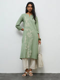 Utsa Sage Floral Embroidered Cotton-Blend A-Line Kurta