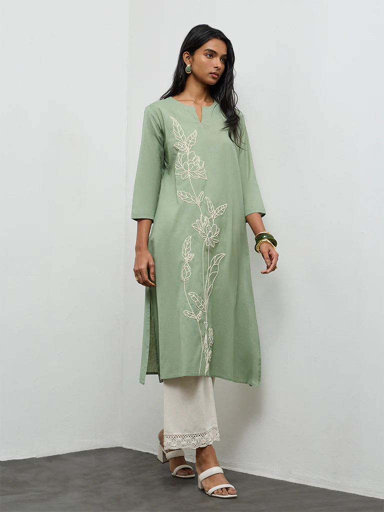 Utsa Sage Floral Embroidered Cotton-Blend A-Line Kurta