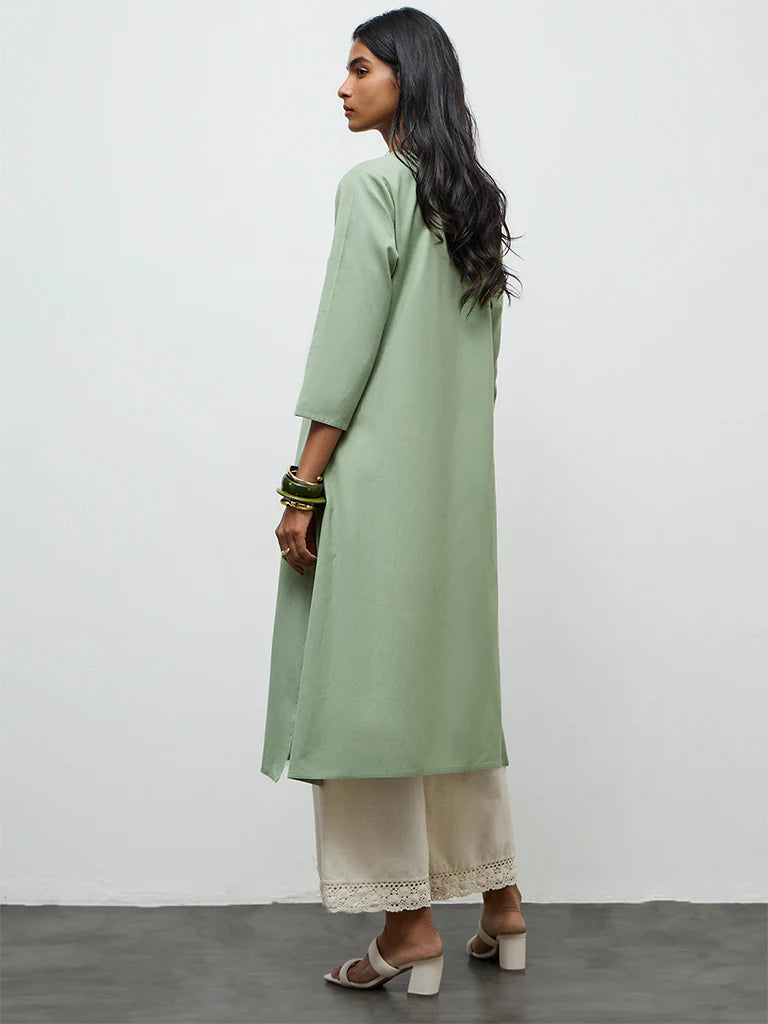 Utsa Sage Floral Embroidered Cotton-Blend A-Line Kurta