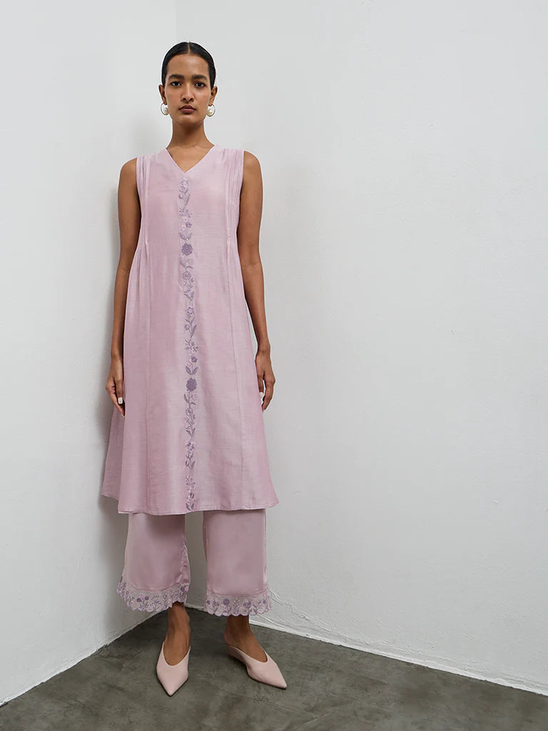 Zuba Lilac Floral Embroidered A-Line Kurta