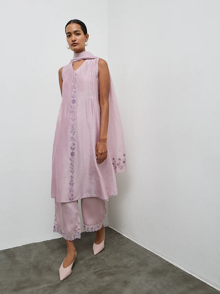 Zuba Lilac Floral Embroidered A-Line Kurta