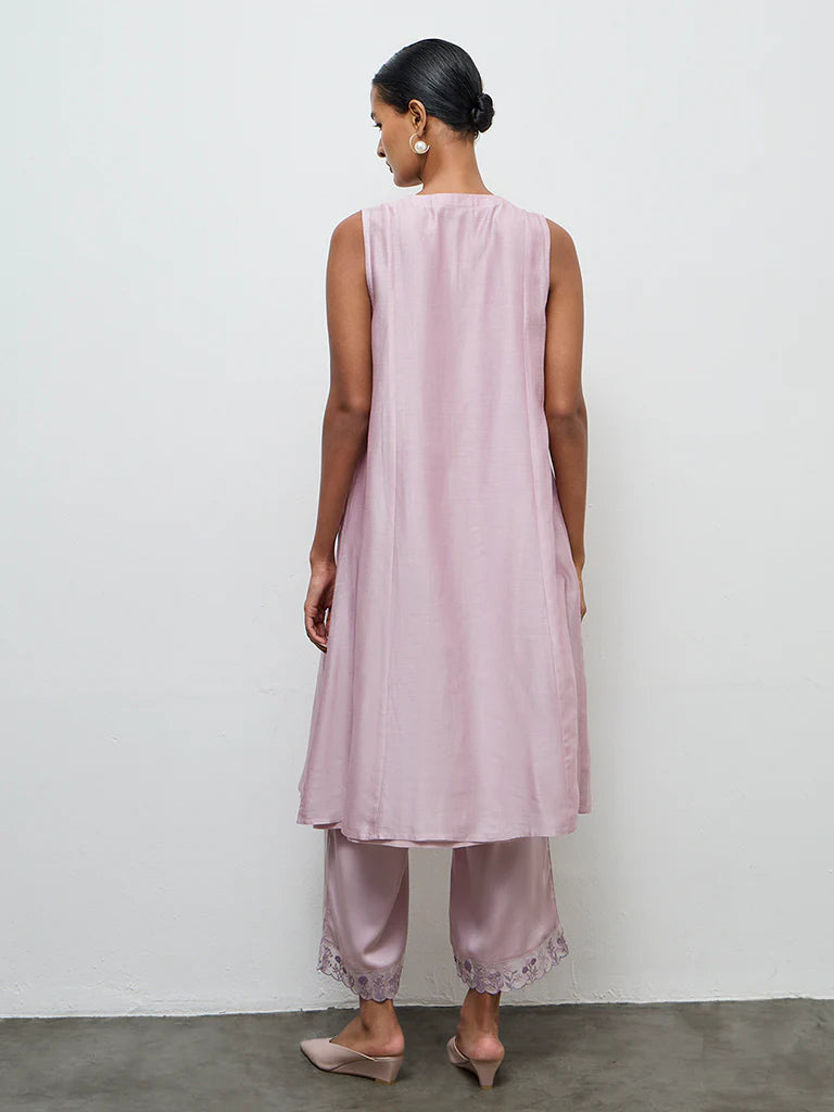 Zuba Lilac Floral Embroidered A-Line Kurta