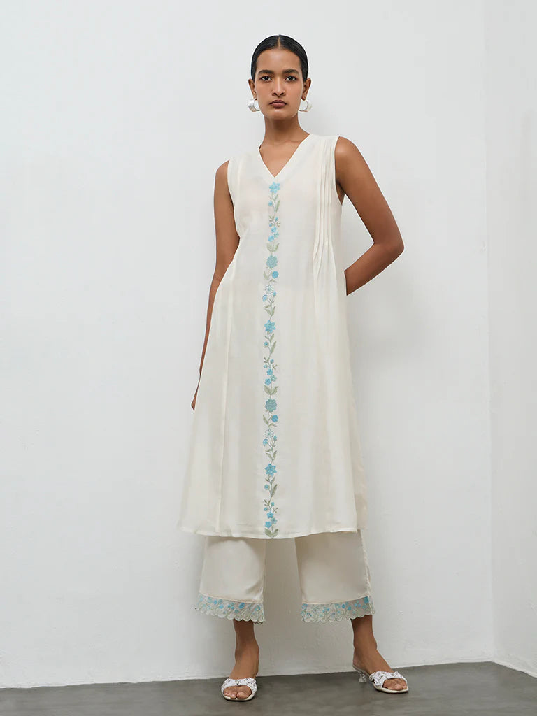 Zuba Ivory Embroidered Cotton-Blend A-Line Kurta