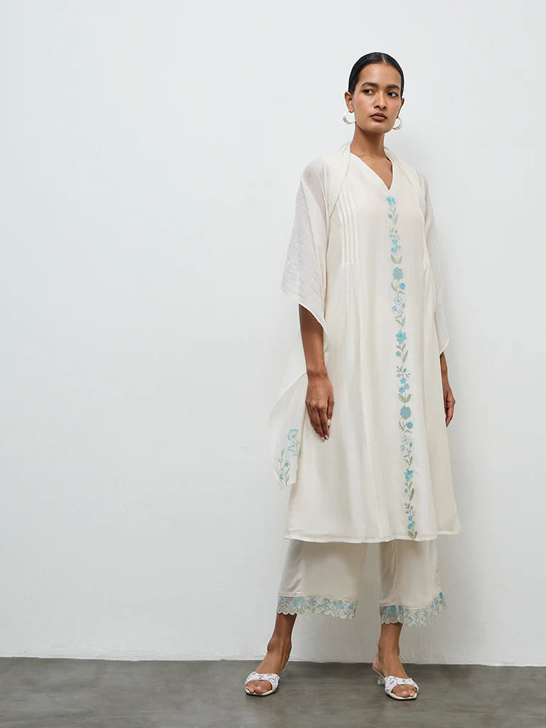 Zuba Ivory Embroidered Cotton-Blend A-Line Kurta