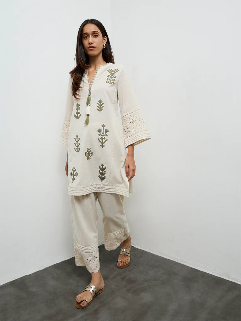 Utsa Beige Embroidered Cotton-Blend A-Line Kurta