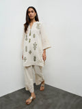 Utsa Beige Embroidered Cotton-Blend A-Line Kurta