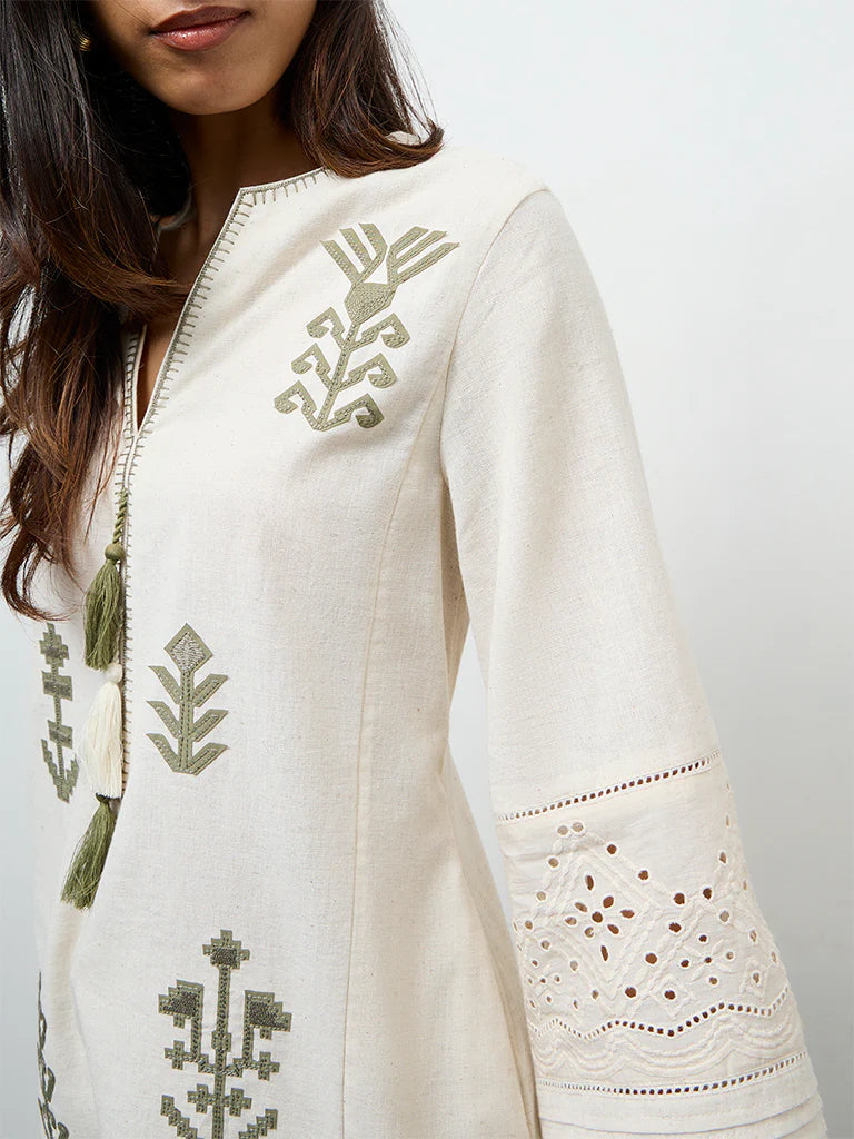 Utsa Beige Embroidered Cotton-Blend A-Line Kurta