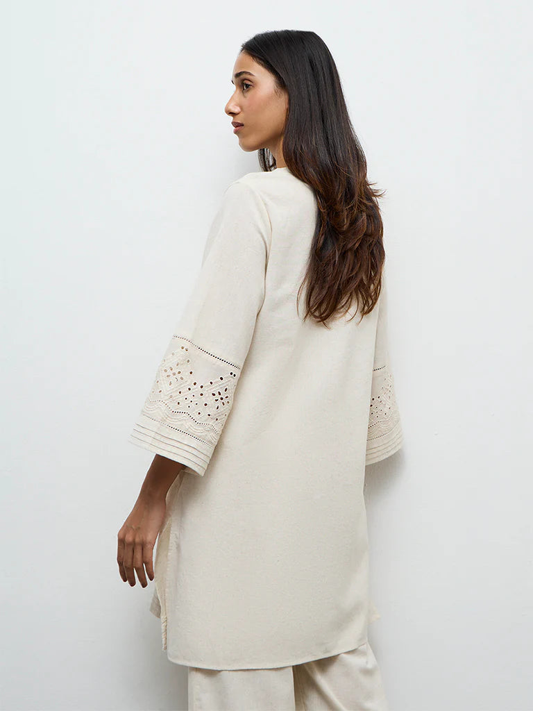 Utsa Beige Embroidered Cotton-Blend A-Line Kurta