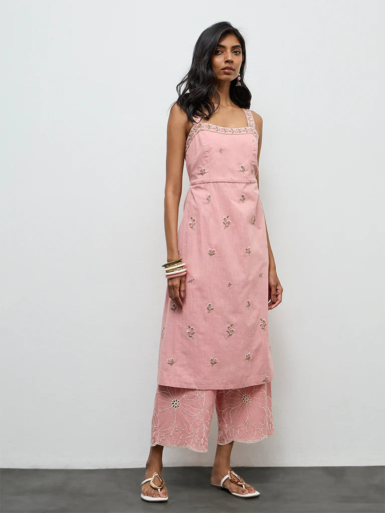 Utsa Pink Floral Embroidered A-Line Cotton Kurta
