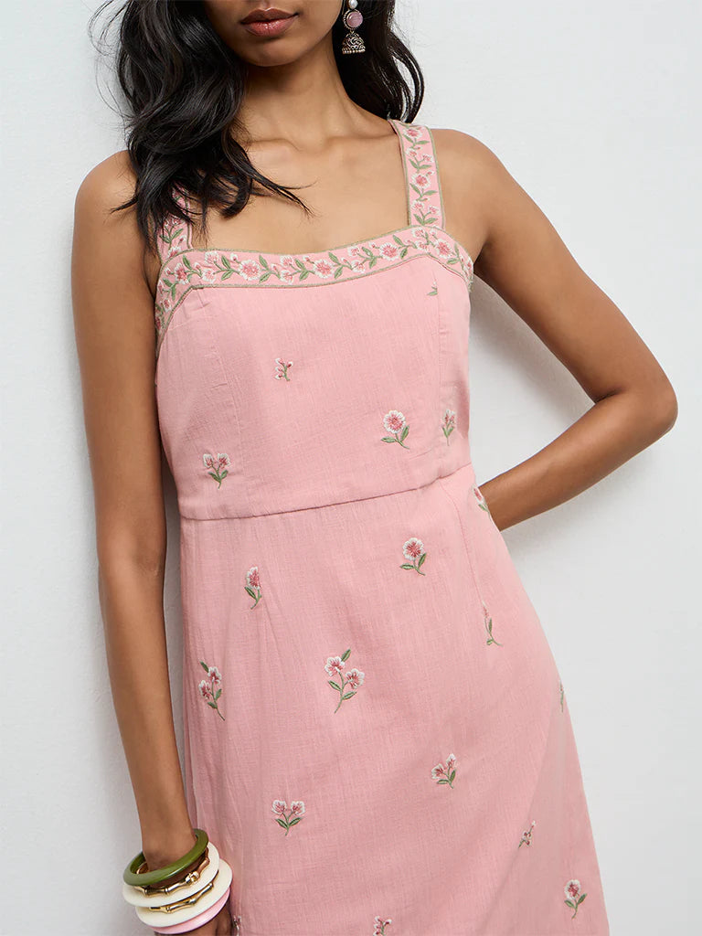 Utsa Pink Floral Embroidered A-Line Cotton Kurta
