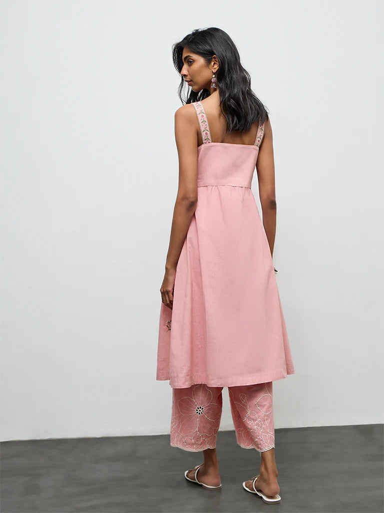 Utsa Pink Floral Embroidered A-Line Cotton Kurta