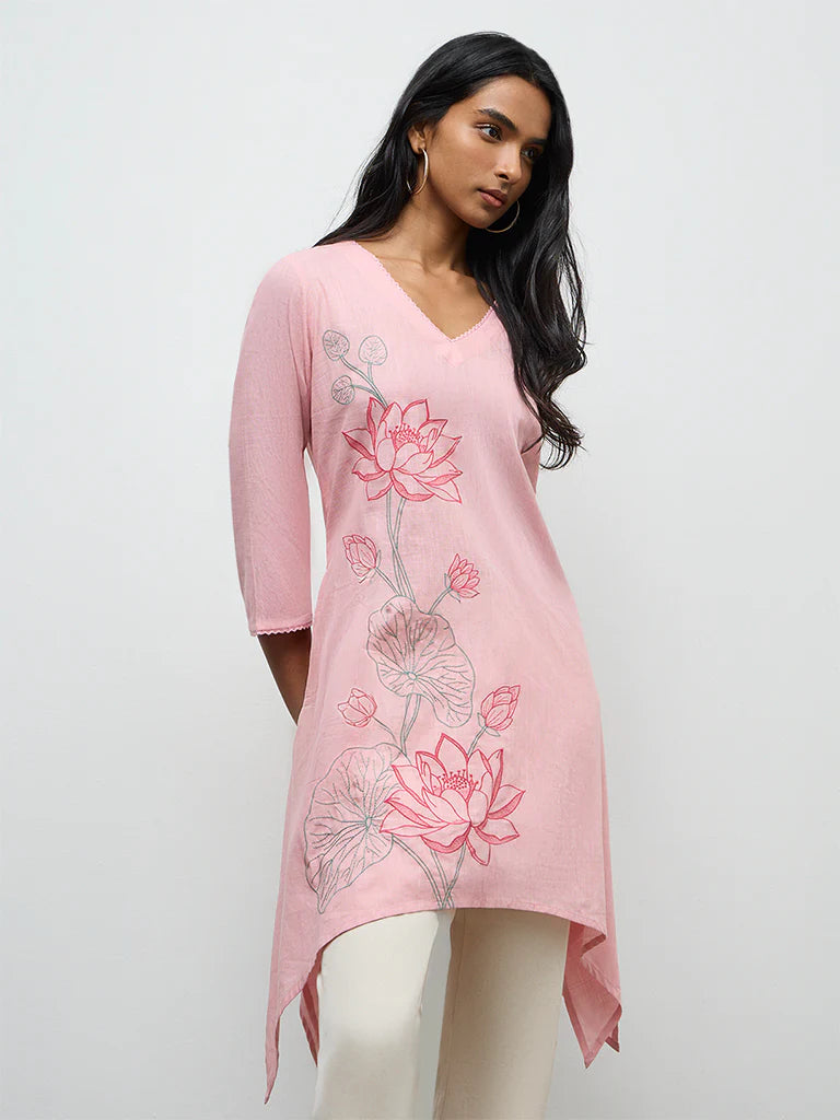 Utsa Pink Floral Cotton Kurta