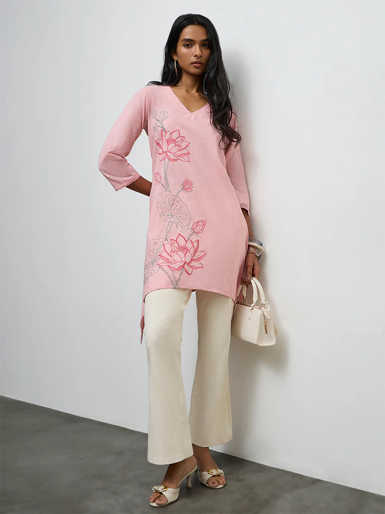 Utsa Pink Floral Cotton Kurta