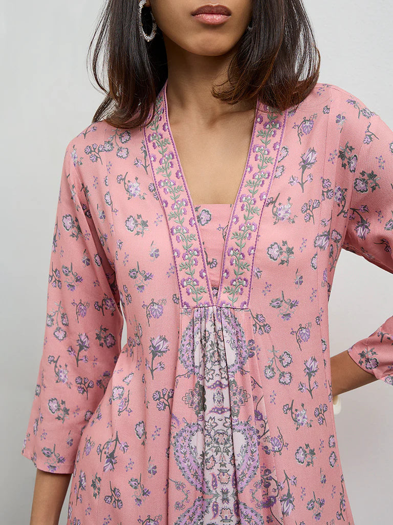 Utsa Dusty Pink Argyle Printed A-Line Kurta