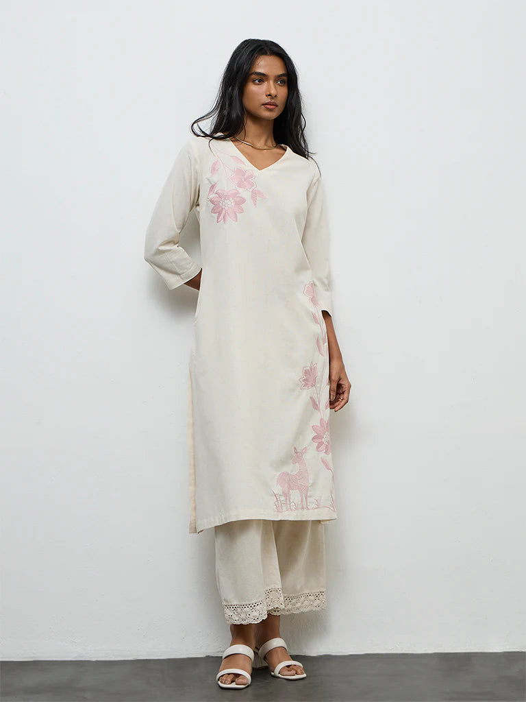Utsa Off-White Floral Embroidered A-Line Cotton-Blend Kurta