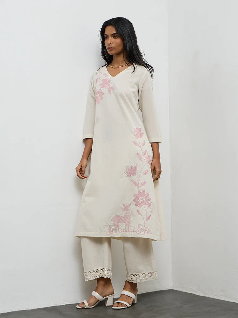 Utsa Off-White Floral Embroidered A-Line Cotton-Blend Kurta