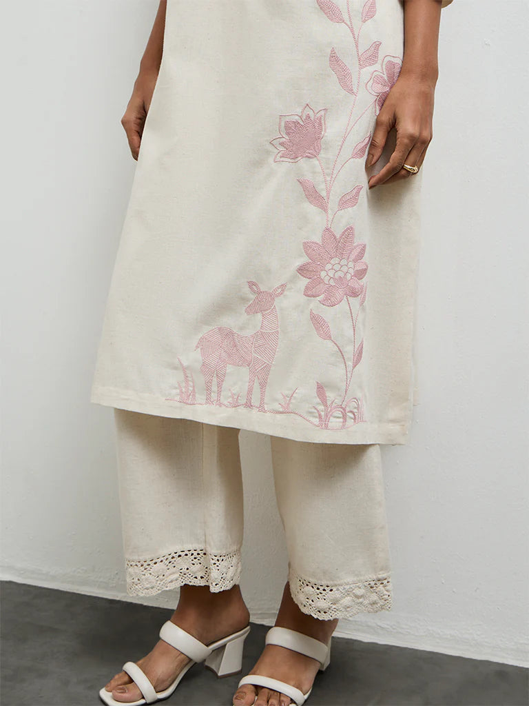 Utsa Off-White Floral Embroidered A-Line Cotton-Blend Kurta