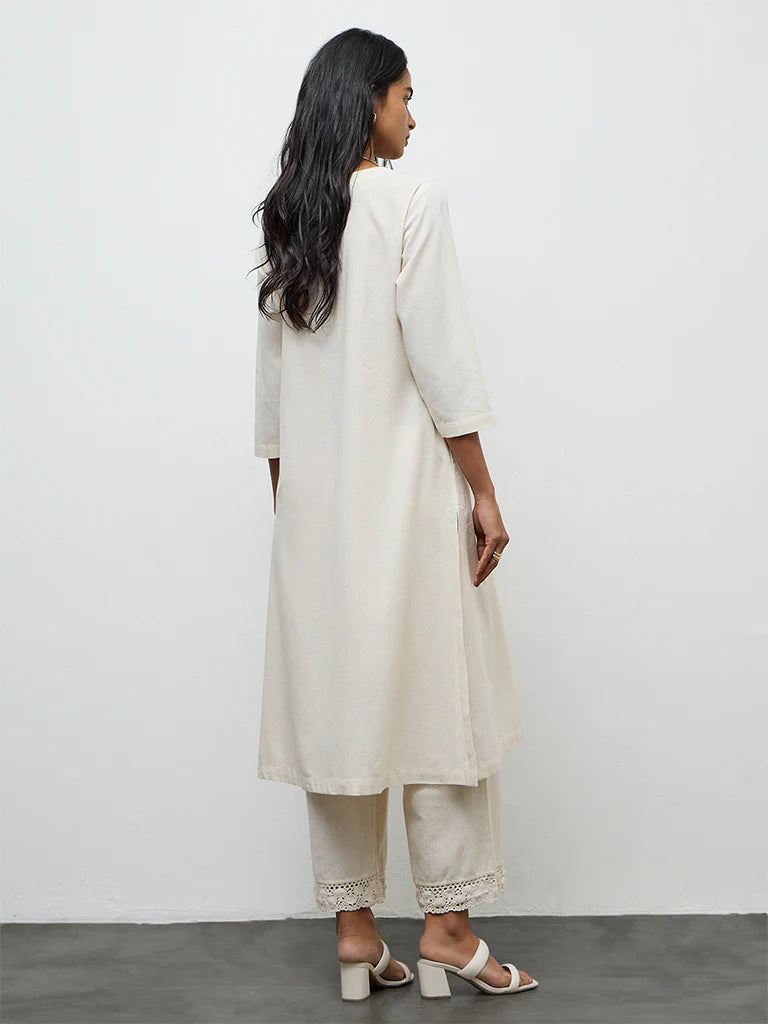 Utsa Off-White Floral Embroidered A-Line Cotton-Blend Kurta