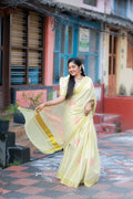 Southloom Tissue Kasavu Saree with Peach Floral Digital Print (Blouse Included)