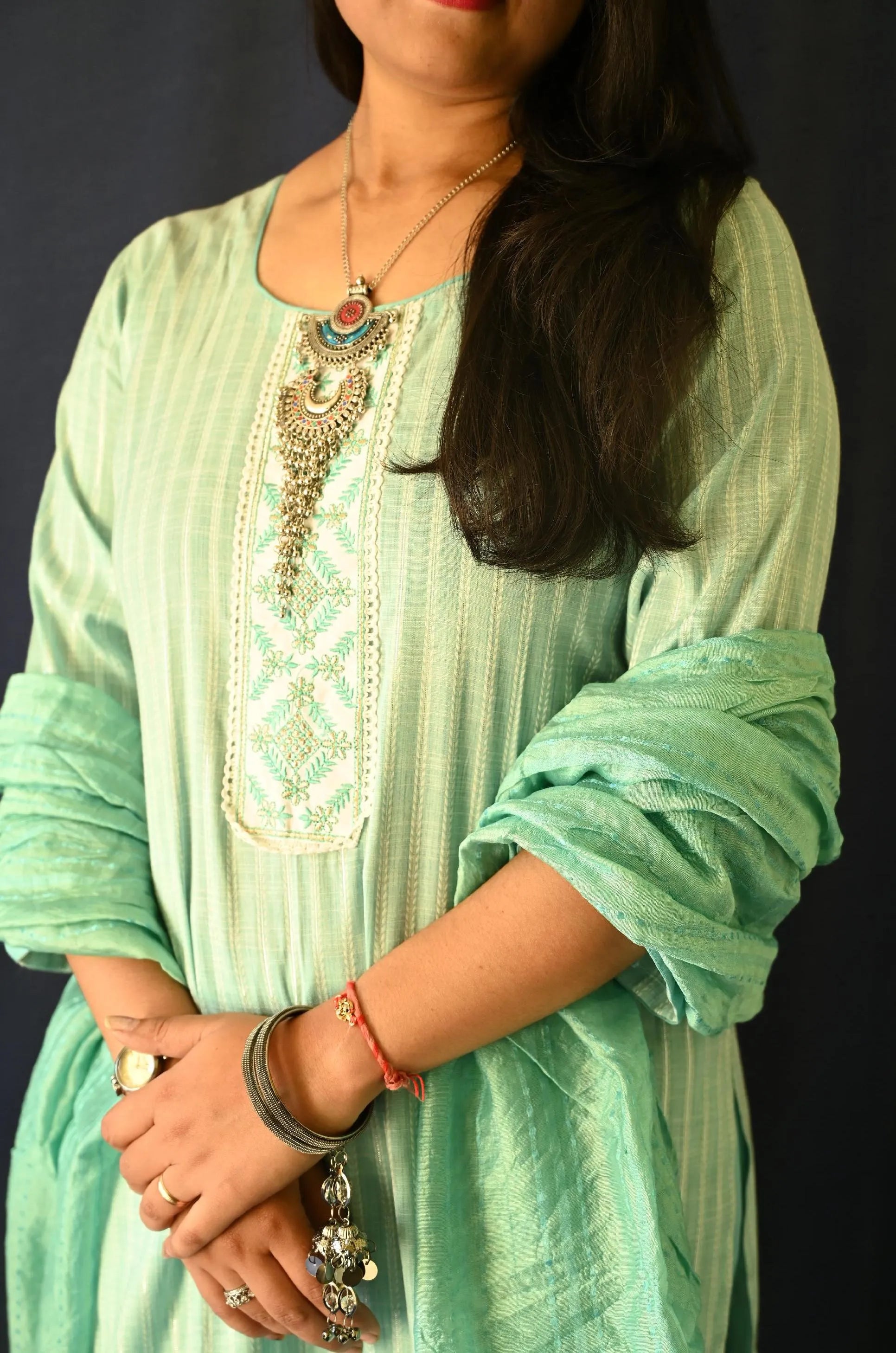 Light Green Cotton Suit , Pant With Pocket And Dupatta