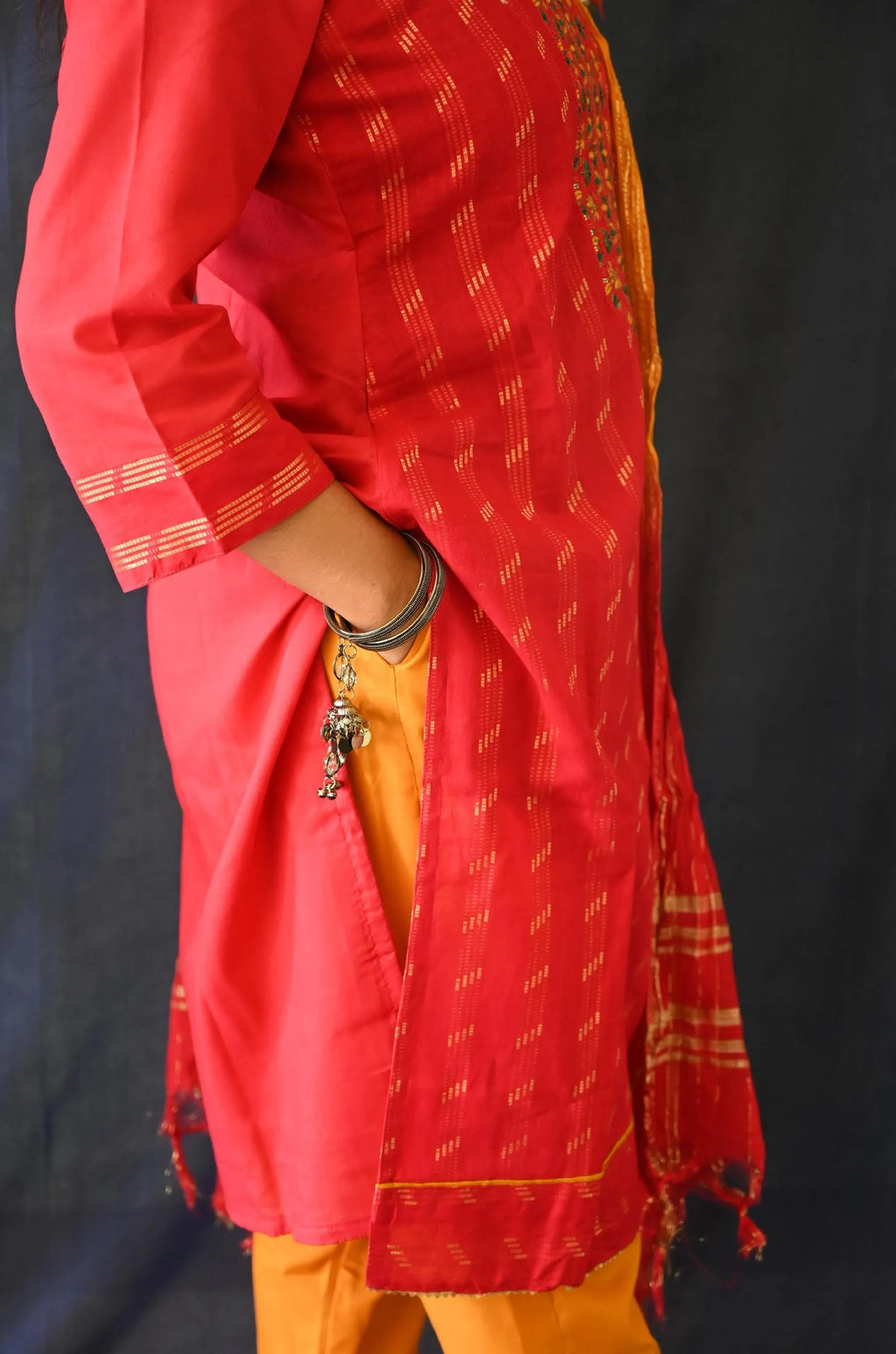 Light Red Cotton Suit , Pant With Pocket And Dupatta