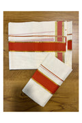 Pure Cotton Kerala Single Set Mundu with Orange and Kasavu Border (2.80 Mtrs)