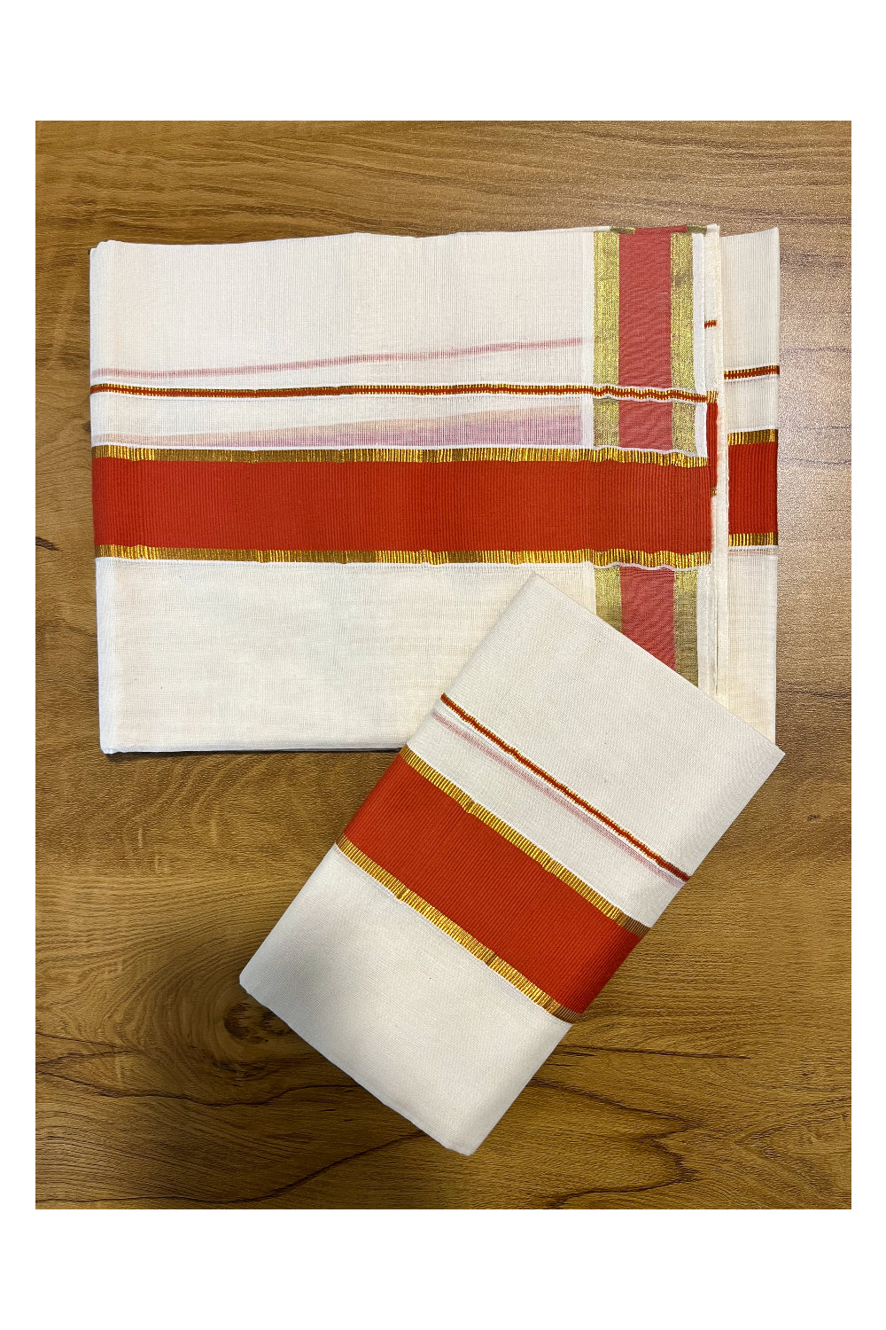 Pure Cotton Kerala Single Set Mundu with Orange and Kasavu Border (2.80 Mtrs)