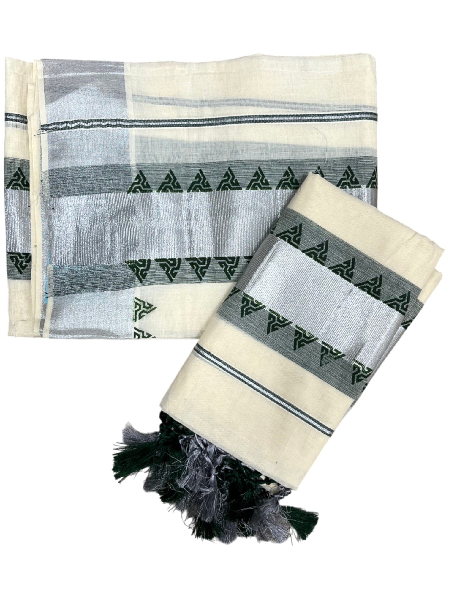 Cotton Set Mundu Silver Temple Design Works And Green Border (2.80 Mtrs)