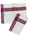 Southloom Pure Cotton Kerala Single Mulloth Set Mundu Red And Blue Border (2.80 Mtrs) SL243