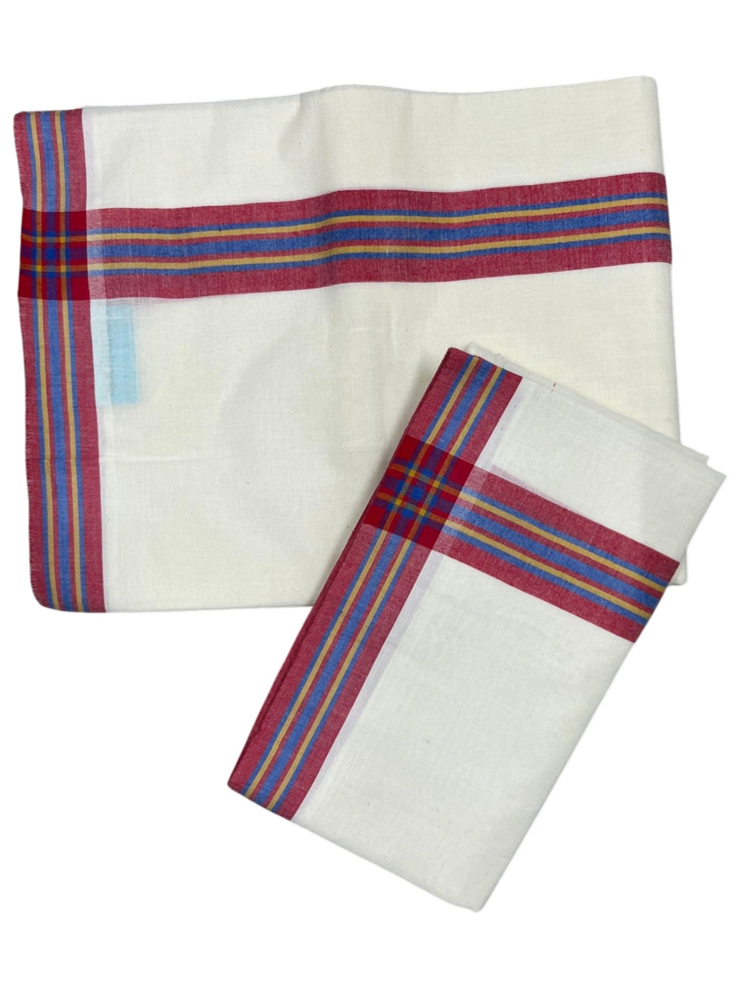 Southloom Pure Cotton Kerala Single Mulloth Set Mundu Red And Blue Border (2.80 Mtrs) SL243