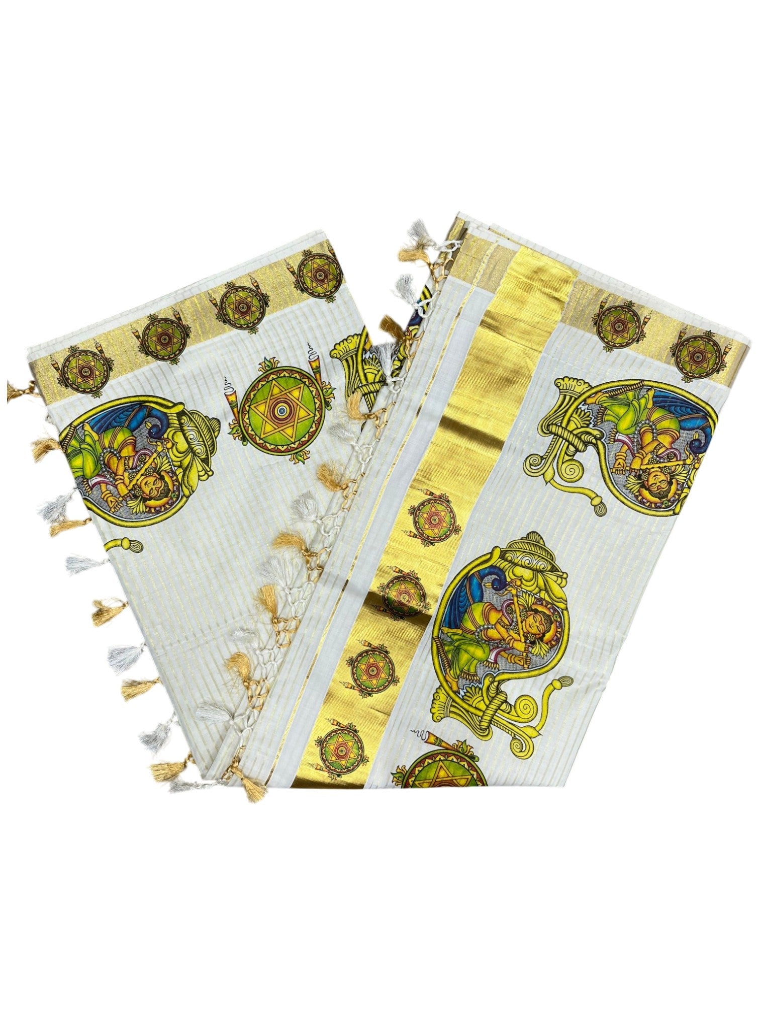 Southloom Pure Cotton Kerala Kasavu Lines Saree with Krishna Mural Printed Art Design