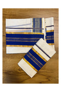 Kerala Cotton Set Mundu with Kasavu and Blue Border Style 2 (2.80 Mtrs)