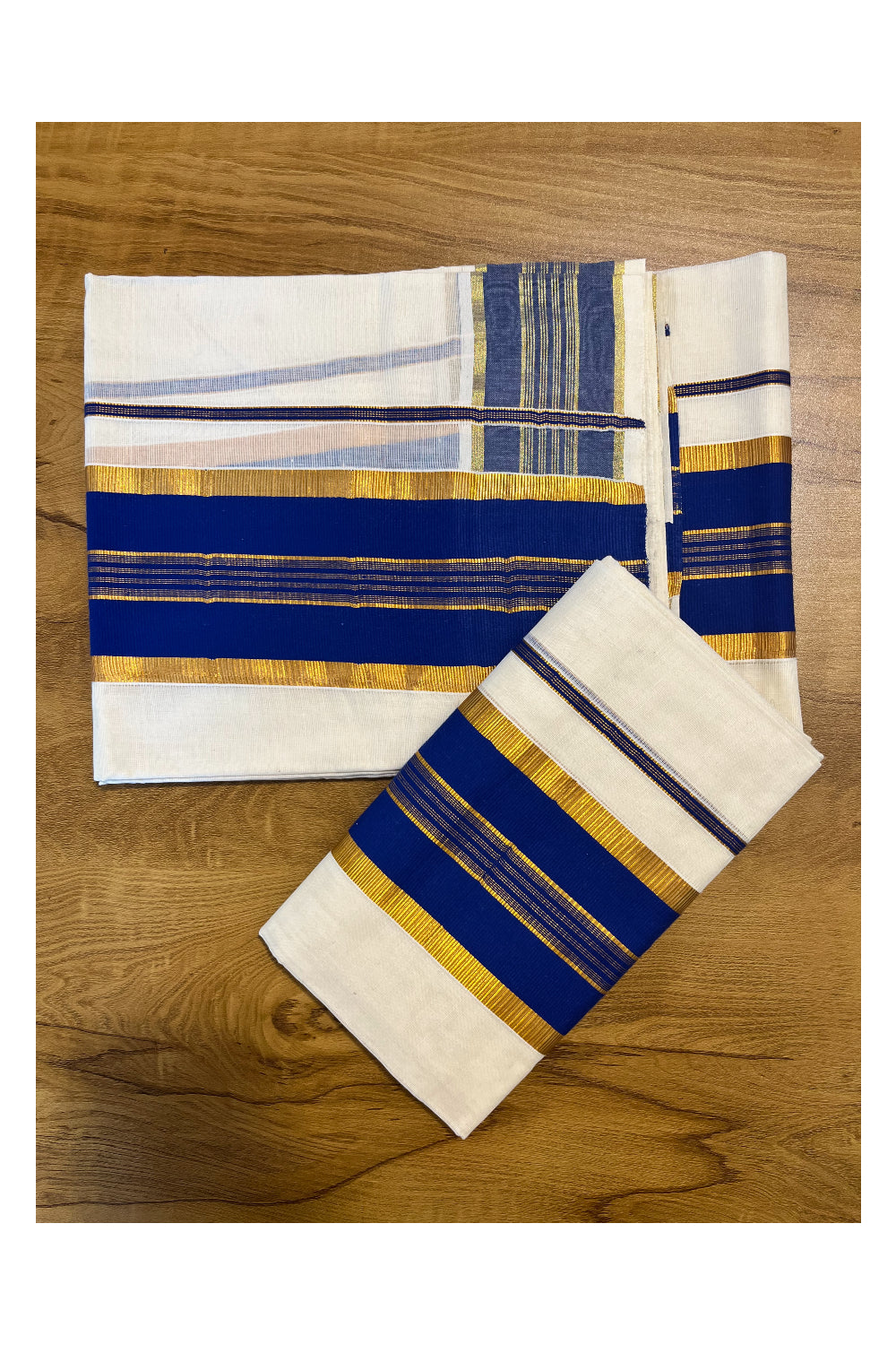 Kerala Cotton Set Mundu with Kasavu and Blue Border (2.80 Mtrs)