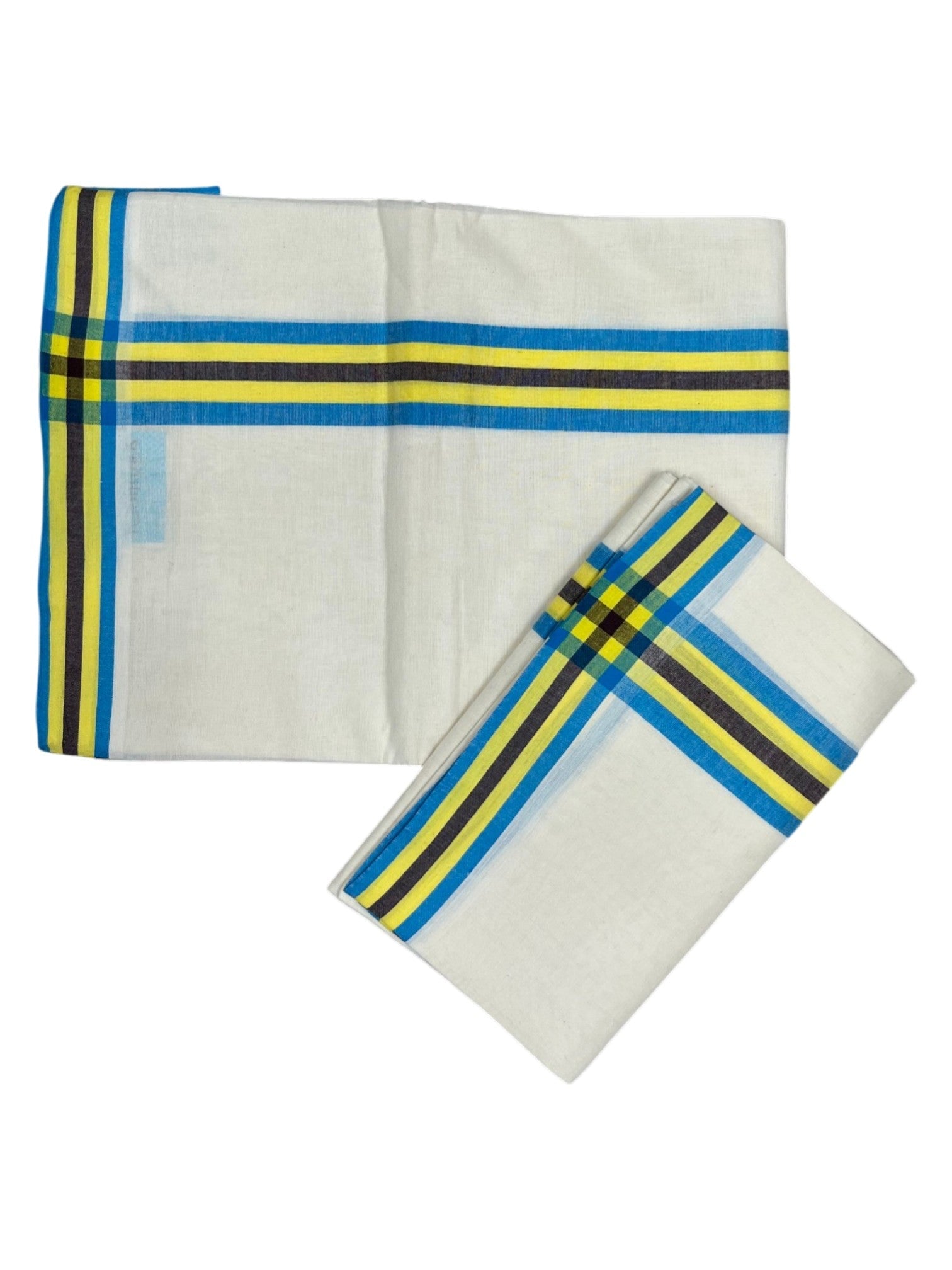 Southloom Pure Cotton Kerala Single Mulloth Set Mundu Blue And Yellow Border (2.80 Mtrs) SL243