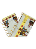 Southloom Pure Cotton Kerala Kasavu Lines Saree with Krishna Radha Mural Printed Art Design