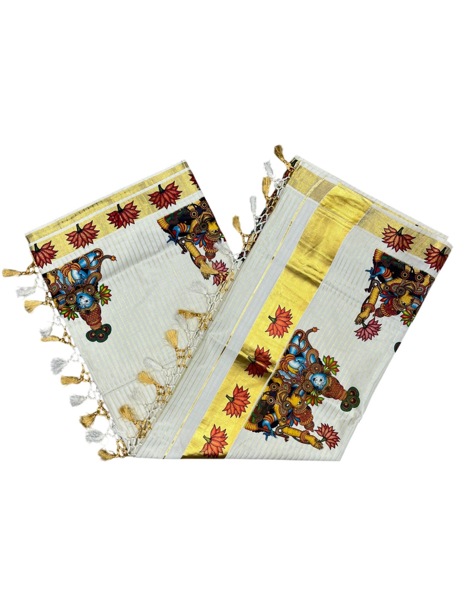 Southloom Pure Cotton Kerala Kasavu Lines Saree with Krishna Radha Mural Printed Art Design