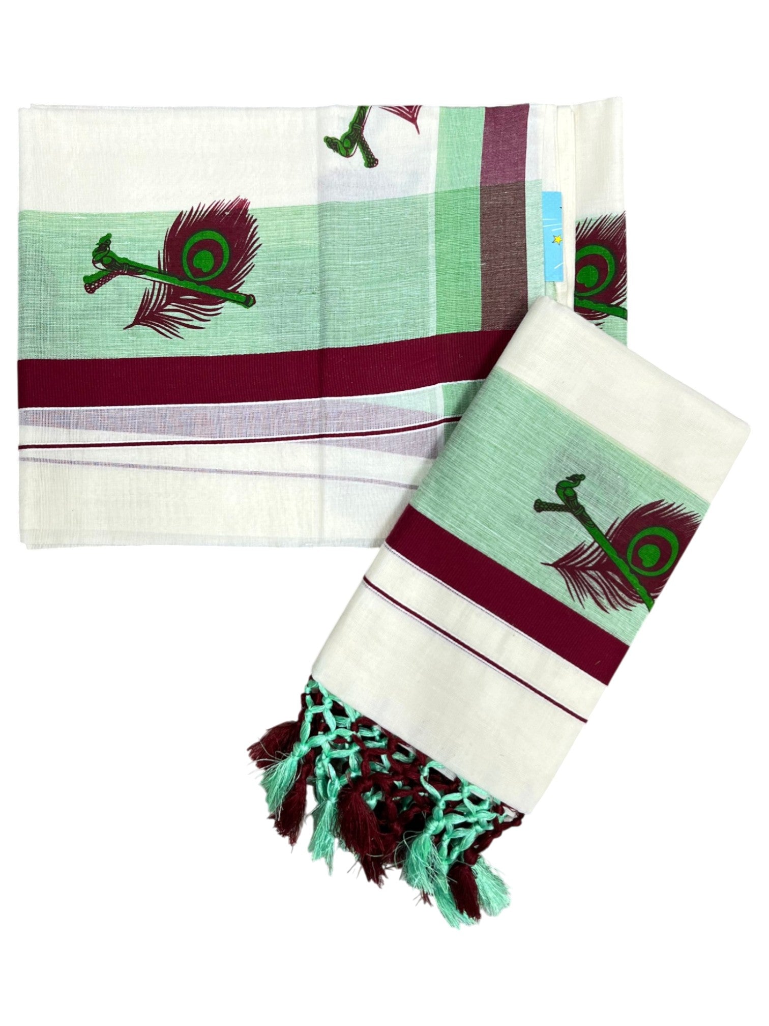 Southloom Cotton Set Mundu With Mural Print Green And Maroon Border (2.80 Mtrs)