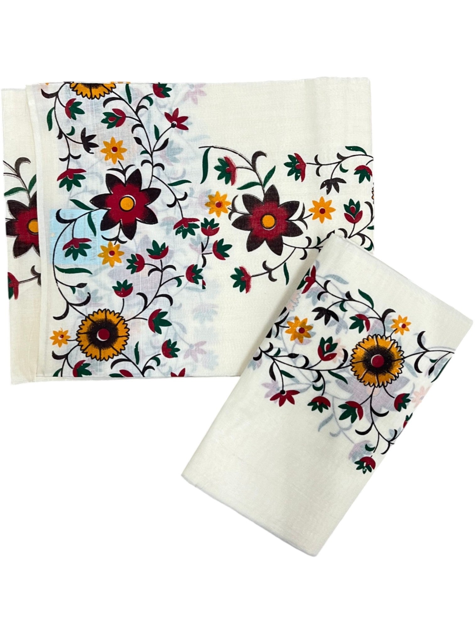 Southloom Cotton Set Mundu With Floral Print On Kasavu (2.80 Mtrs)