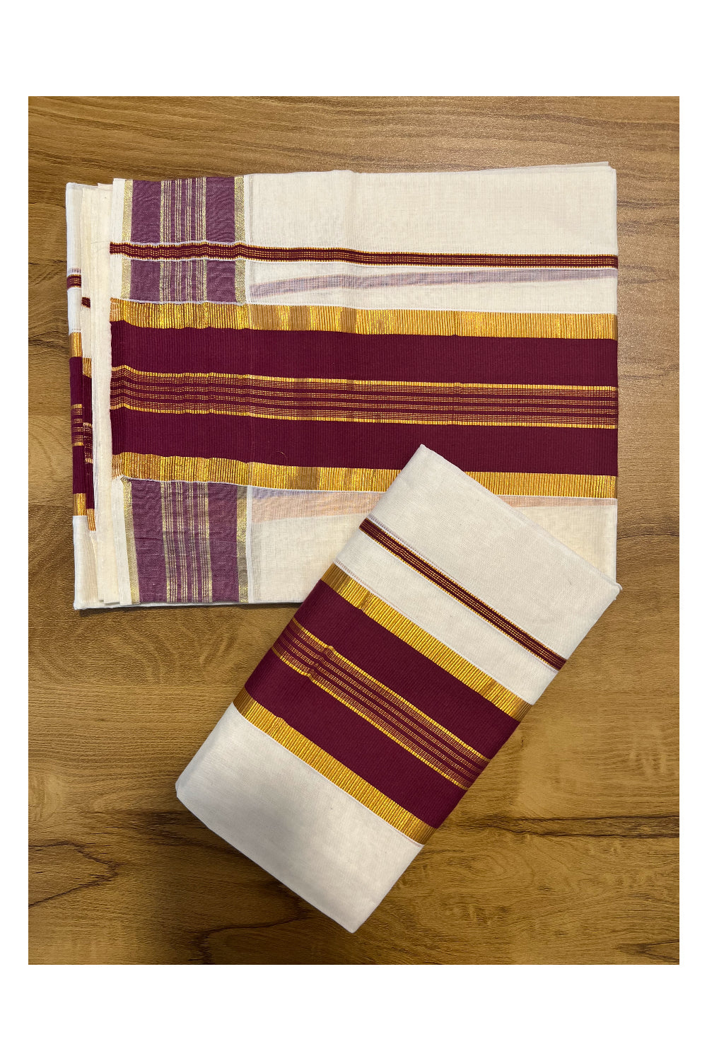 Kerala Cotton Set Mundu with Kasavu and Purple Border Style 2 (2.80 Mtrs)