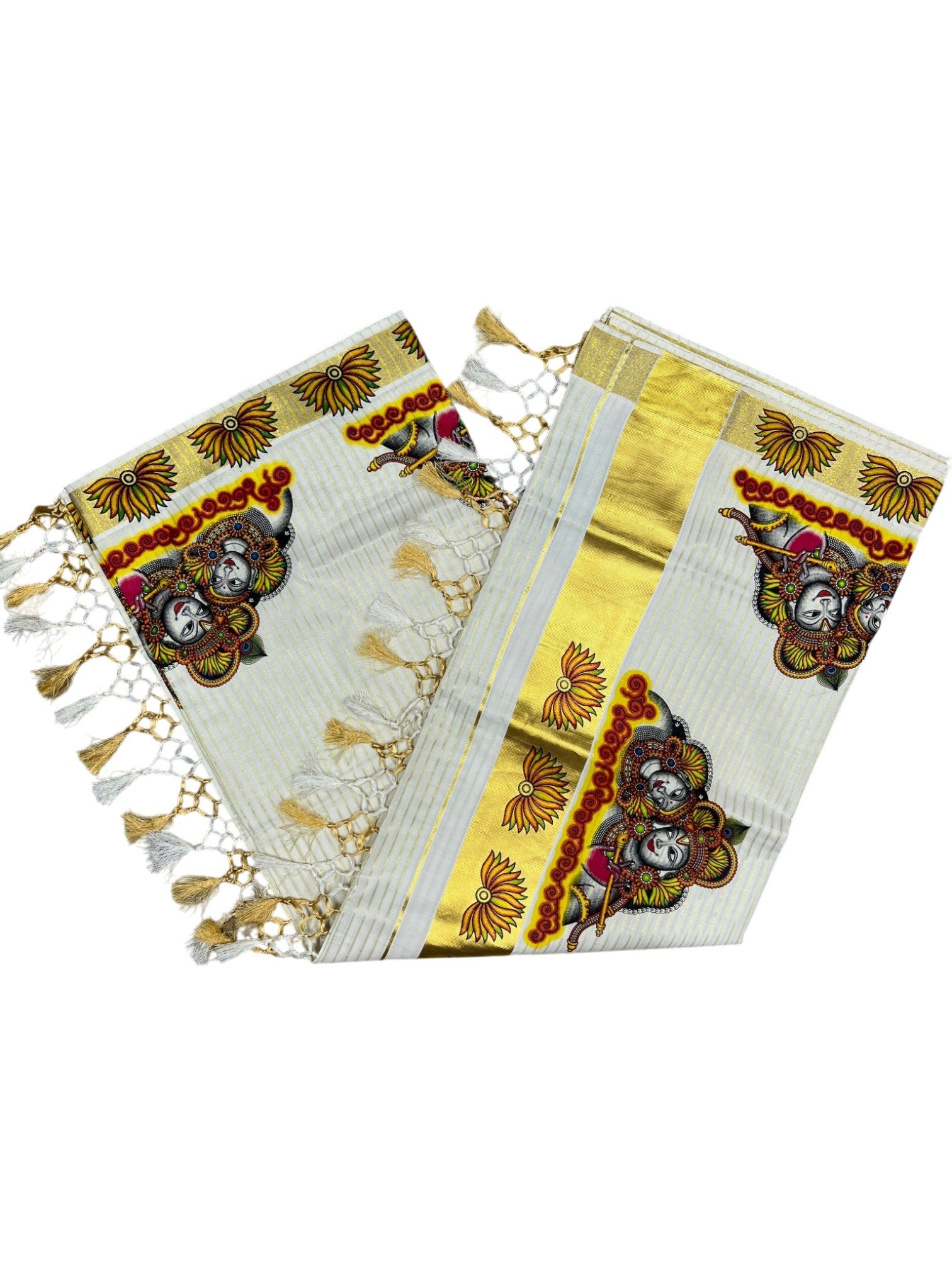 Southloom Pure Cotton Kerala Kasavu Lines Saree with Krishna Radha Mural Art Style 3