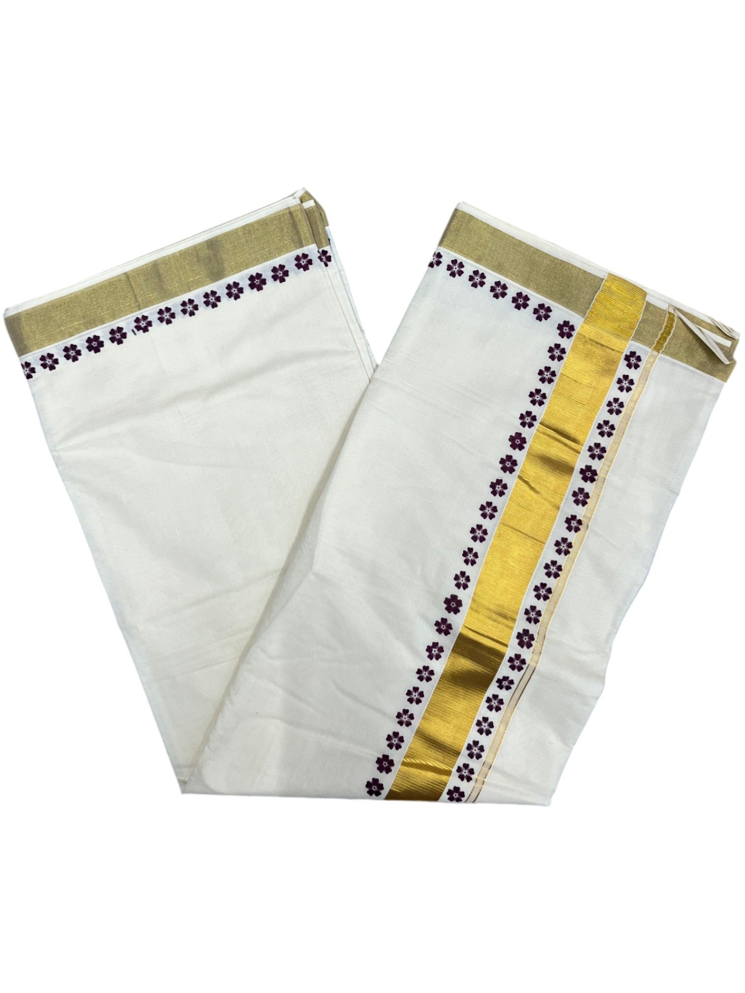 Southloom Cotton Kerala Kasavu Saree with Block Printed Design on Borders and Kara Style 3