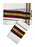 Kerala Cotton Single Set Mundu with Maroon And Green Kasavu Border (2.80 Mtrs)