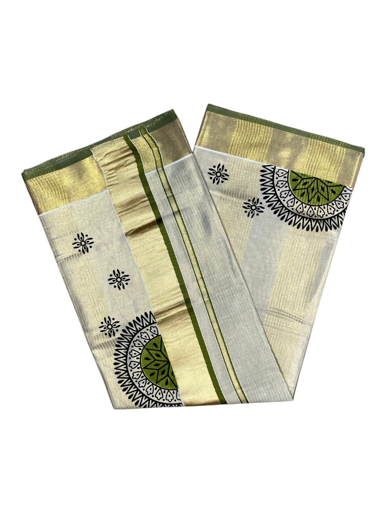 Southloom Tissue Kerala Kasavu Saree with Block Print on Body in Olive Green