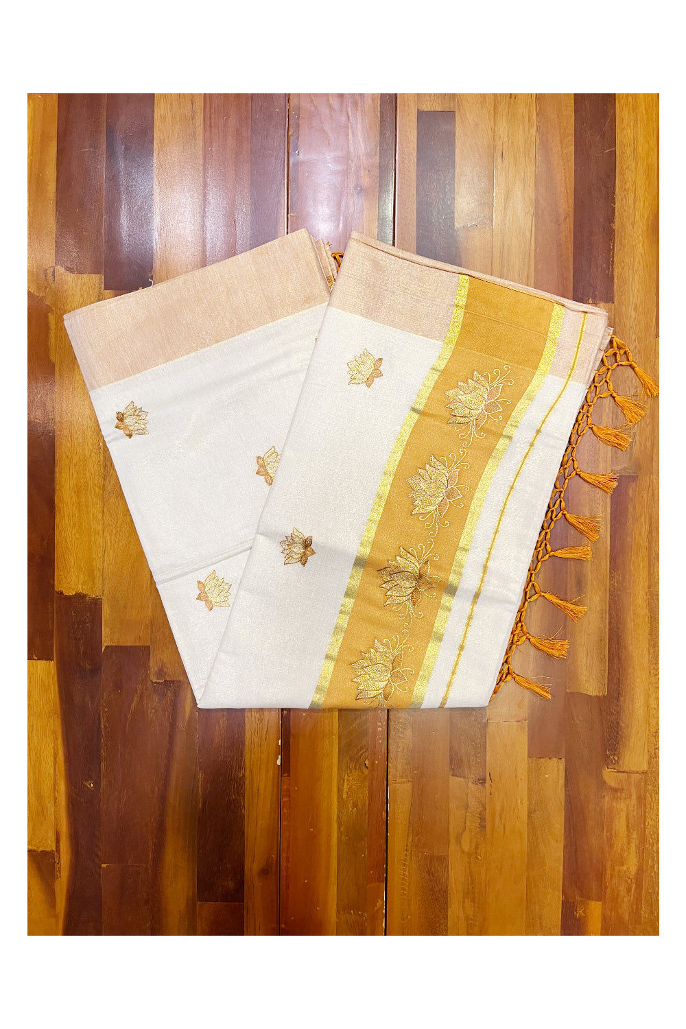 Southloom Kerala Tissue Kasavu Saree with Saffron And Golden Lotus Embroidery Designs SL273