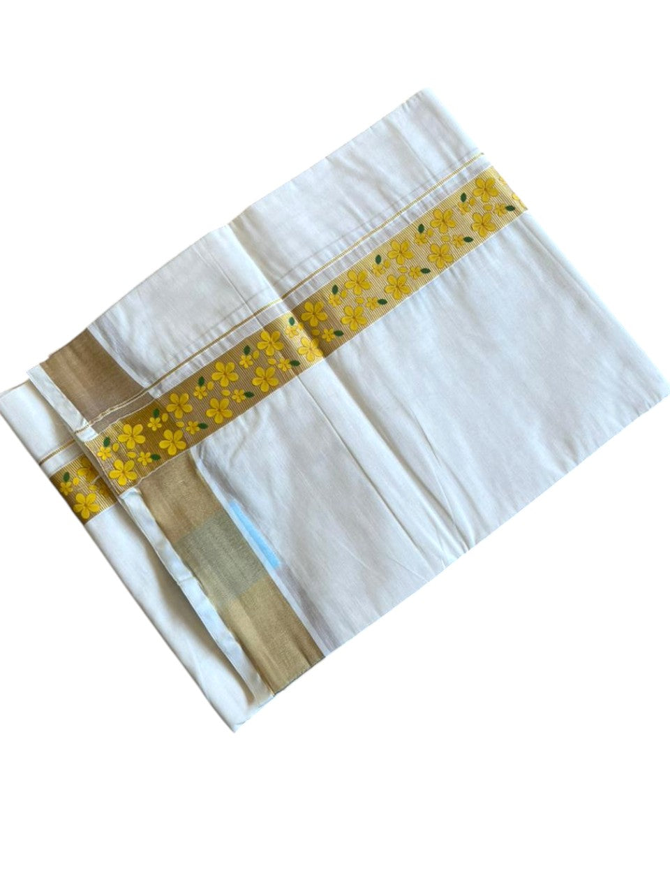 Southloom Kerala Pure Cotton Double Mundu with Kasavu Yellow And Kanikonna Print SL288