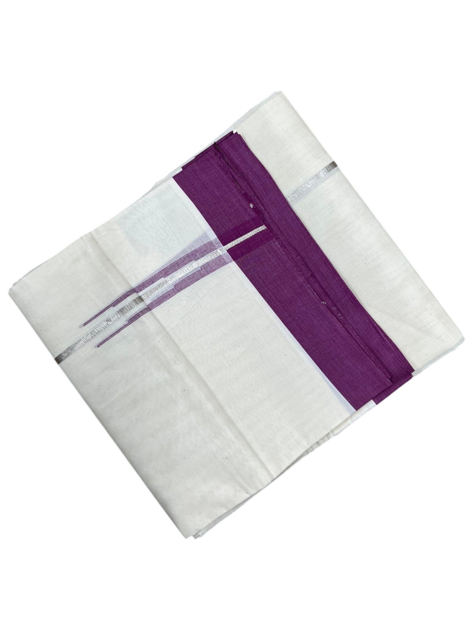 Southloom Premium Handloom Cotton Double Mundu with Silver And Purple Chuttikara Border